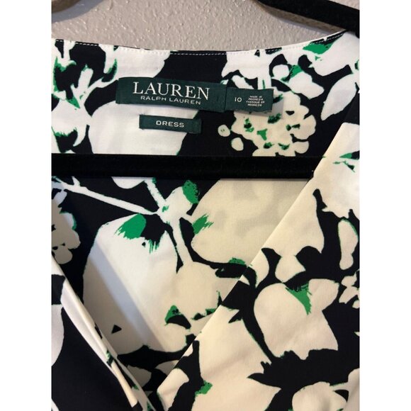 Ralph Lauren Dress 10 Black Green White Washable Stretch Sheath Summer Print - Picture 2 of 8